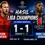 Banner hasil Liga Champions Bayern Munchen vs PSG dengan skor 1-1 dan agregat 5-6 untuk kemenangan Paris Saint Germain.