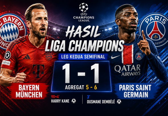 Banner hasil Liga Champions Bayern Munchen vs PSG dengan skor 1-1 dan agregat 5-6 untuk kemenangan Paris Saint Germain.