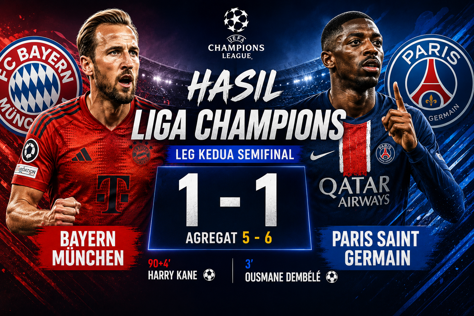 Banner hasil Liga Champions Bayern Munchen vs PSG dengan skor 1-1 dan agregat 5-6 untuk kemenangan Paris Saint Germain.