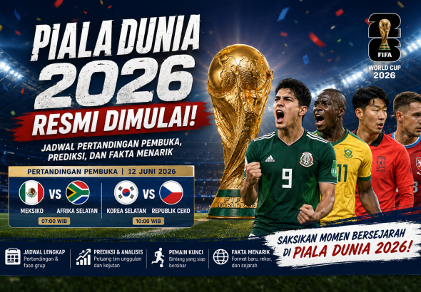 Piala Dunia 2026 resmi dimulai dengan pertandingan pembuka Meksiko vs Afrika Selatan dan Korea Selatan vs Republik Ceko pada 12 Juni 2026.