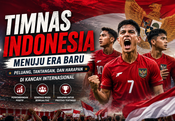 Banner Timnas Indonesia menuju era baru dengan ilustrasi pemain sepak bola mengenakan jersey merah, latar stadion penuh suporter, bendera Merah Putih, dan lambang Garuda. Desain menampilkan semangat kebangkitan sepak bola Indonesia serta harapan meraih prestasi di kancah internasional.