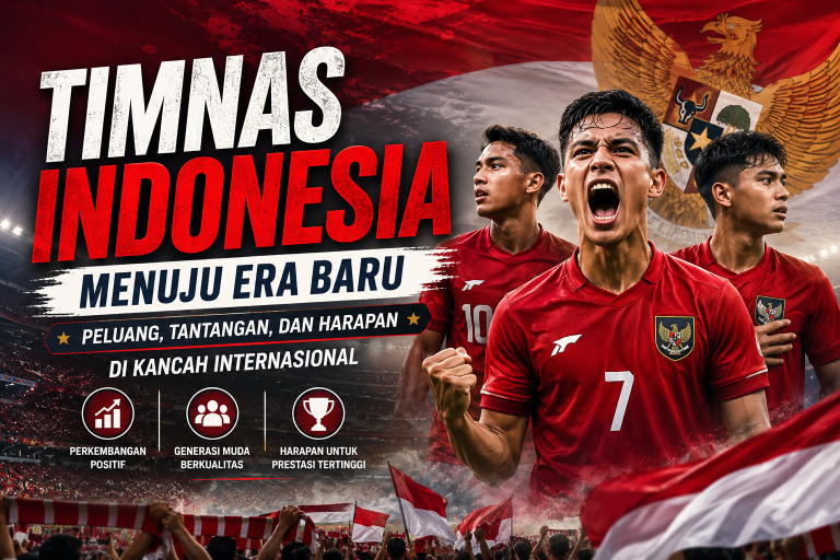 Banner Timnas Indonesia menuju era baru dengan ilustrasi pemain sepak bola mengenakan jersey merah, latar stadion penuh suporter, bendera Merah Putih, dan lambang Garuda. Desain menampilkan semangat kebangkitan sepak bola Indonesia serta harapan meraih prestasi di kancah internasional.