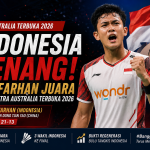 Alwi Farhan merayakan kemenangan saat menjadi juara tunggal putra Australia Terbuka 2026 dan membawa Indonesia meraih gelar juara di Sydney, Australia.
