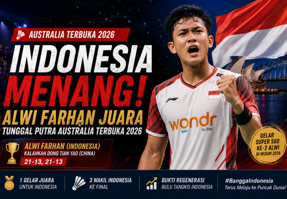 Alwi Farhan merayakan kemenangan saat menjadi juara tunggal putra Australia Terbuka 2026 dan membawa Indonesia meraih gelar juara di Sydney, Australia.
