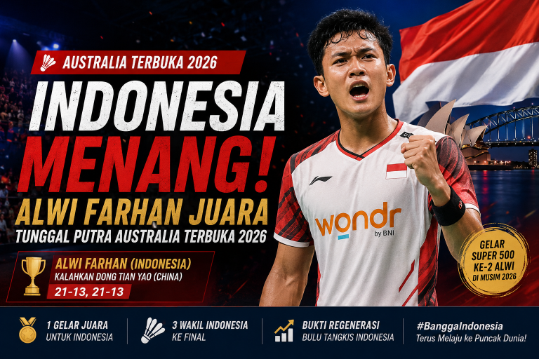 Alwi Farhan merayakan kemenangan saat menjadi juara tunggal putra Australia Terbuka 2026 dan membawa Indonesia meraih gelar juara di Sydney, Australia.
