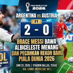 Banner hasil pertandingan Piala Dunia 2026 Argentina vs Austria dengan skor 2-0, menampilkan Lionel Messi berselebrasi merayakan kemenangan dan rekor 18 gol.