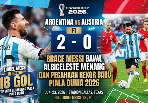 Banner hasil pertandingan Piala Dunia 2026 Argentina vs Austria dengan skor 2-0, menampilkan Lionel Messi berselebrasi merayakan kemenangan dan rekor 18 gol.