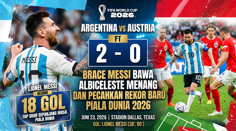 Banner hasil pertandingan Piala Dunia 2026 Argentina vs Austria dengan skor 2-0, menampilkan Lionel Messi berselebrasi merayakan kemenangan dan rekor 18 gol.