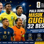 Pemain bintang Piala Dunia 2026 seperti Mbappe, Messi, Vinicius Junior, Bellingham, Van Dijk, dan Haaland dalam banner fase gugur babak 32 besar Piala Dunia FIFA 2026.