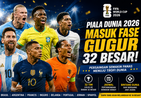 Pemain bintang Piala Dunia 2026 seperti Mbappe, Messi, Vinicius Junior, Bellingham, Van Dijk, dan Haaland dalam banner fase gugur babak 32 besar Piala Dunia FIFA 2026.