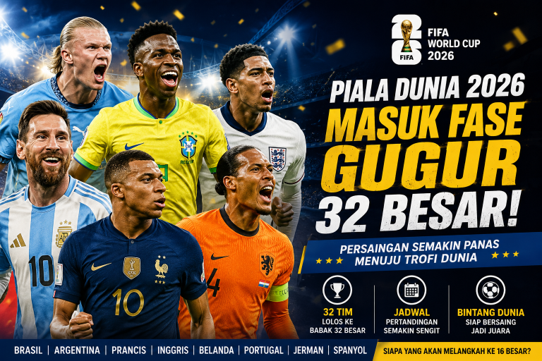 Pemain bintang Piala Dunia 2026 seperti Mbappe, Messi, Vinicius Junior, Bellingham, Van Dijk, dan Haaland dalam banner fase gugur babak 32 besar Piala Dunia FIFA 2026.