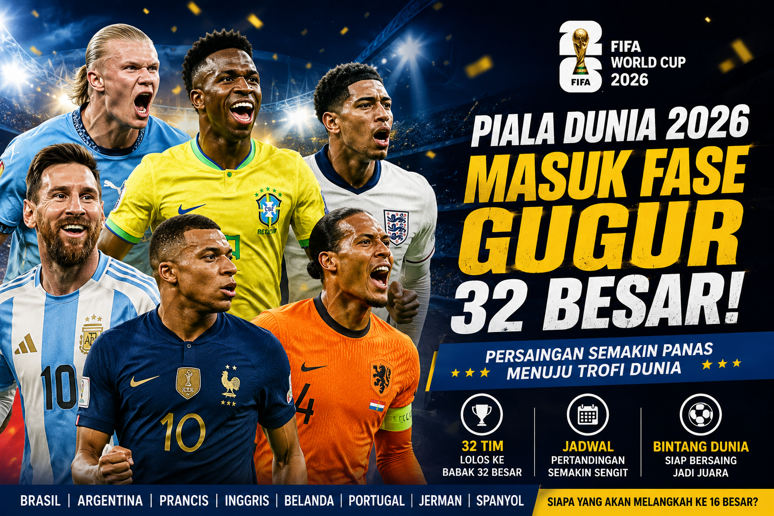Pemain bintang Piala Dunia 2026 seperti Mbappe, Messi, Vinicius Junior, Bellingham, Van Dijk, dan Haaland dalam banner fase gugur babak 32 besar Piala Dunia FIFA 2026.