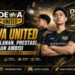 Dewa United esports dengan latar stadion megah, pemain profesional, trofi juara, dan tema hitam emas yang menggambarkan perjalanan, prestasi, serta ambisi menjadi kekuatan besar esports Indonesia.