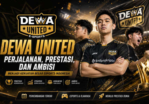 Dewa United esports dengan latar stadion megah, pemain profesional, trofi juara, dan tema hitam emas yang menggambarkan perjalanan, prestasi, serta ambisi menjadi kekuatan besar esports Indonesia.