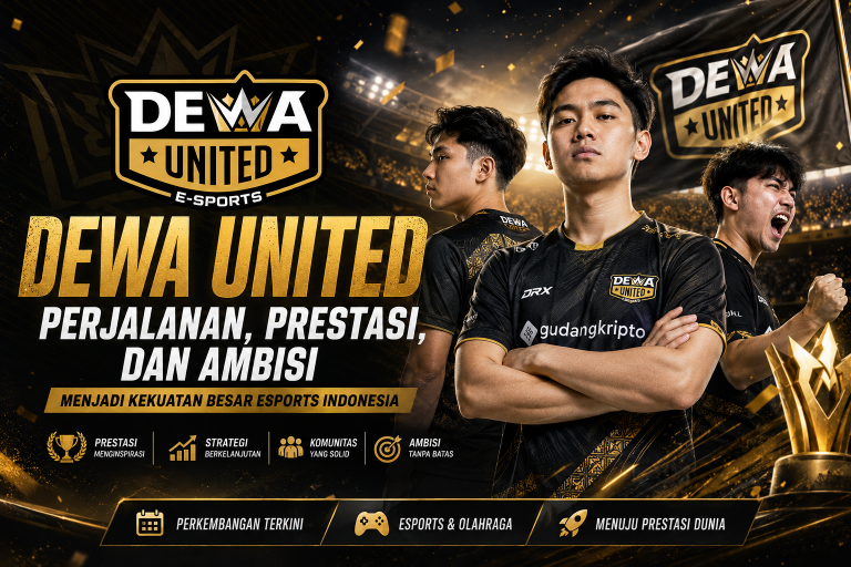 Dewa United esports dengan latar stadion megah, pemain profesional, trofi juara, dan tema hitam emas yang menggambarkan perjalanan, prestasi, serta ambisi menjadi kekuatan besar esports Indonesia.