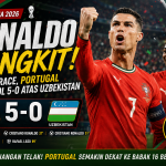 Cristiano Ronaldo merayakan gol saat Portugal mengalahkan Uzbekistan 5-0 di Piala Dunia 2026. Ronaldo mencetak dua gol dan membawa Portugal meraih kemenangan telak di Grup K.