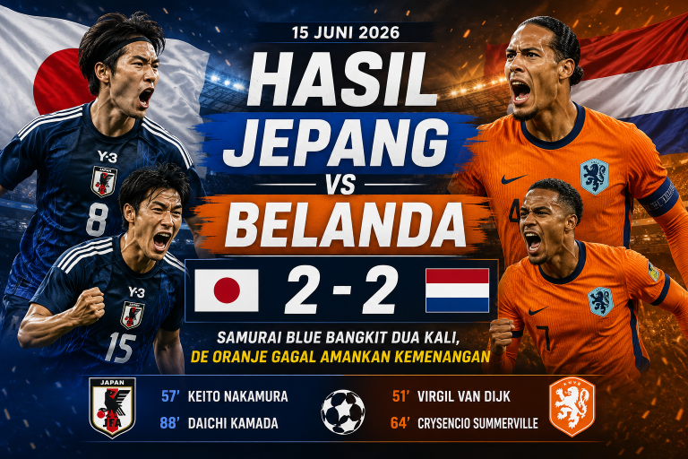 Hasil Jepang vs Belanda 2-2 pada 15 Juni 2026, Jepang bangkit dua kali melalui gol Keito Nakamura dan Daichi Kamada untuk menahan imbang Belanda.