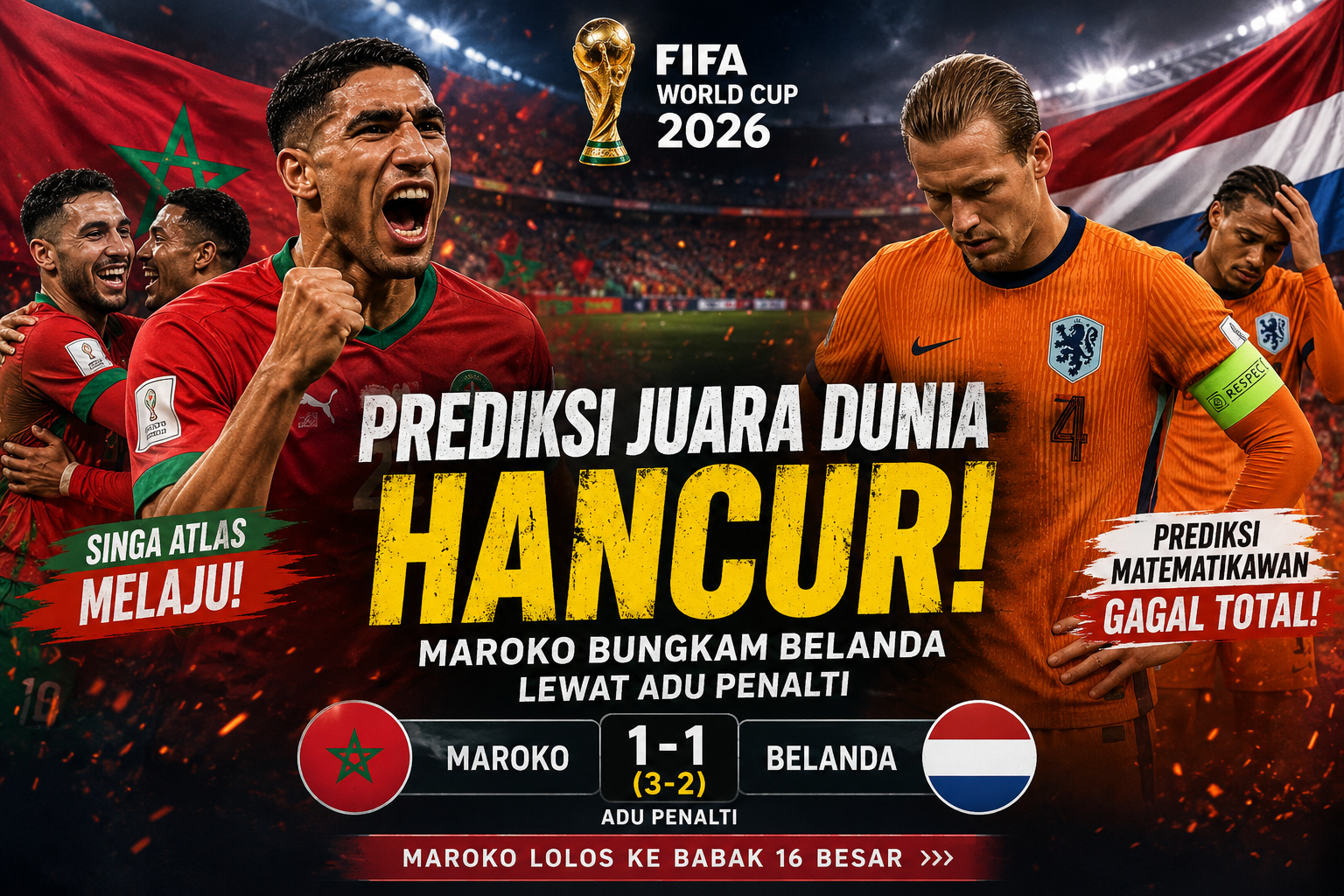 Maroko mengalahkan Belanda lewat adu penalti pada babak 32 besar Piala Dunia FIFA 2026 setelah pertandingan berakhir imbang 1-1.