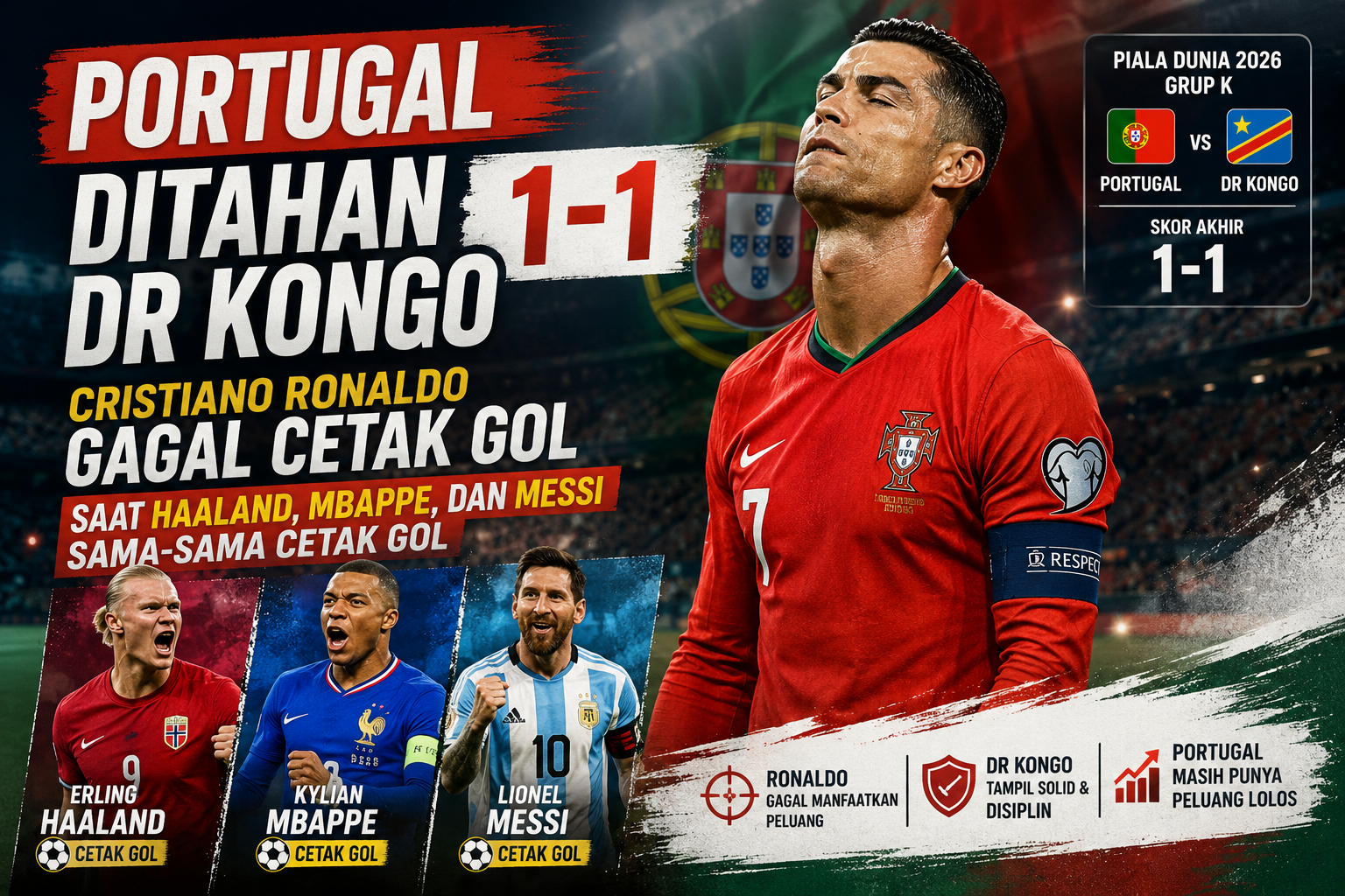 Cristiano Ronaldo saat Portugal bermain imbang 1-1 melawan DR Kongo di Piala Dunia 2026 ketika Haaland, Mbappe, dan Messi berhasil mencetak gol.