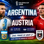 Banner pertandingan Argentina vs Austria pada Piala Dunia 2026 Grup J menampilkan Lionel Messi dan pemain Austria jelang laga 23 Juni 2026.