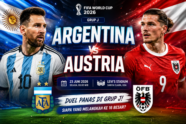Banner pertandingan Argentina vs Austria pada Piala Dunia 2026 Grup J menampilkan Lionel Messi dan pemain Austria jelang laga 23 Juni 2026.