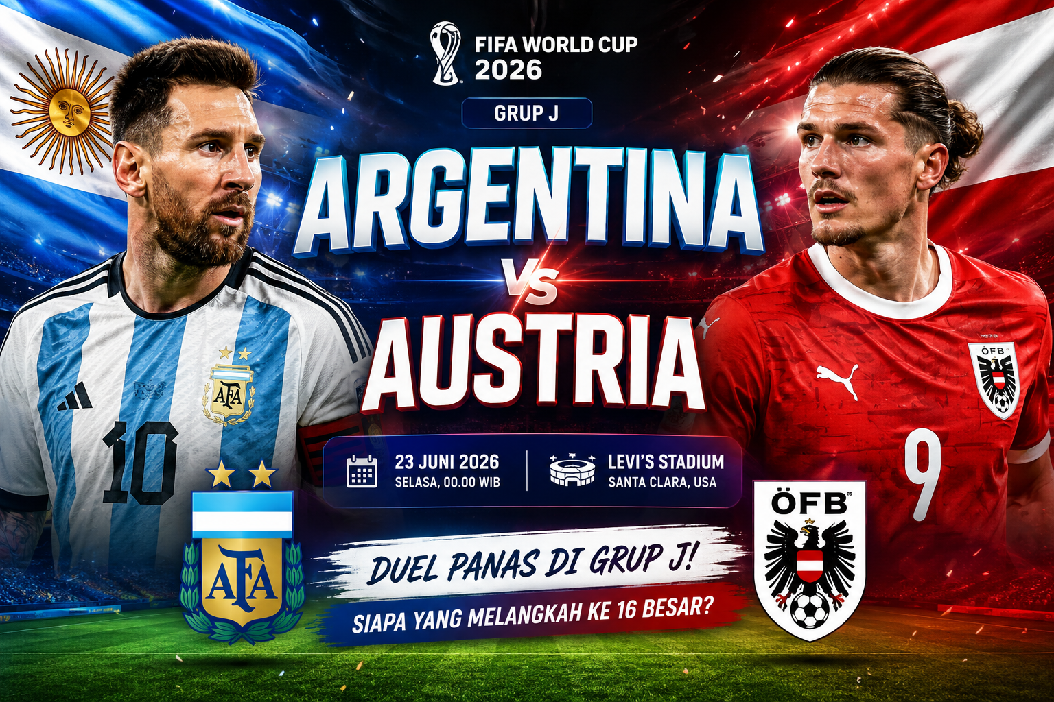 Banner pertandingan Argentina vs Austria pada Piala Dunia 2026 Grup J menampilkan Lionel Messi dan pemain Austria jelang laga 23 Juni 2026.
