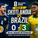 Skotlandia vs Brazil di Piala Dunia 2026 berakhir 0-3. Brasil tampil dominan dan mengalahkan Skotlandia pada laga Grup C.