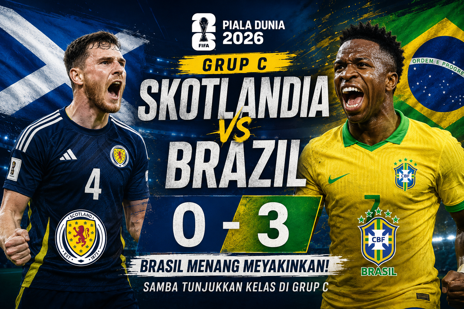 Skotlandia vs Brazil di Piala Dunia 2026 berakhir 0-3. Brasil tampil dominan dan mengalahkan Skotlandia pada laga Grup C.