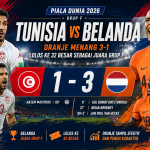 Tunisia vs Belanda di Piala Dunia 2026 berakhir 1-3. Belanda menang atas Tunisia dan lolos ke babak 32 besar sebagai juara Grup F.