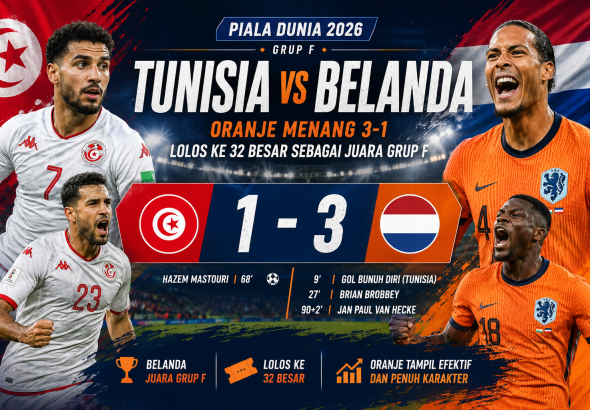 Tunisia vs Belanda di Piala Dunia 2026 berakhir 1-3. Belanda menang atas Tunisia dan lolos ke babak 32 besar sebagai juara Grup F.