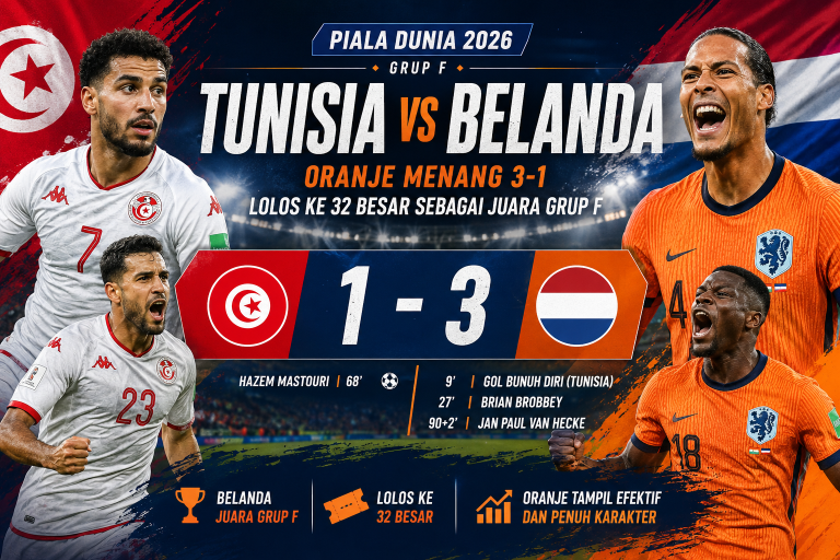 Tunisia vs Belanda di Piala Dunia 2026 berakhir 1-3. Belanda menang atas Tunisia dan lolos ke babak 32 besar sebagai juara Grup F.