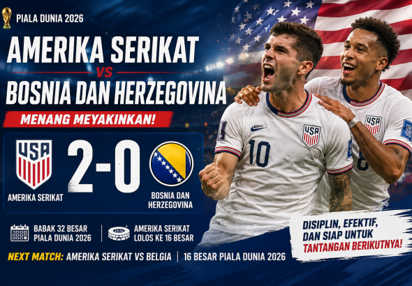 Amerika Serikat mengalahkan Bosnia dan Herzegovina 2-0 pada babak 32 besar Piala Dunia 2026 dan memastikan tiket ke babak 16 besar.