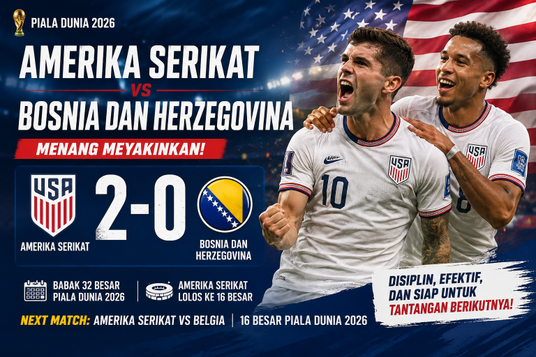 Amerika Serikat mengalahkan Bosnia dan Herzegovina 2-0 pada babak 32 besar Piala Dunia 2026 dan memastikan tiket ke babak 16 besar.
