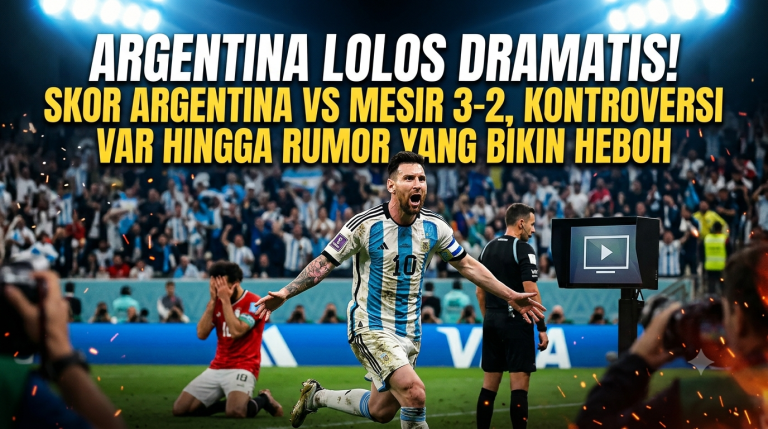 Pemain Argentina merayakan kemenangan 3-2 atas Mesir dalam laga babak 16 besar Piala Dunia 2026 yang diwarnai kontroversi VAR.