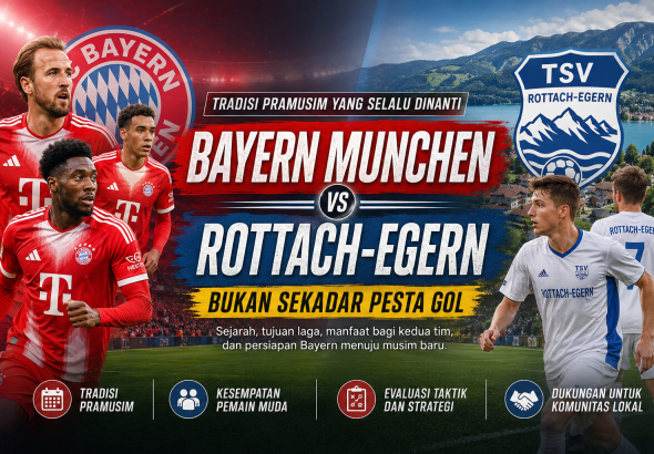 Pemain Bayern Munchen dan Rottach-Egern dalam ilustrasi banner laga pramusim yang menjadi tradisi sebelum musim kompetisi dimulai.