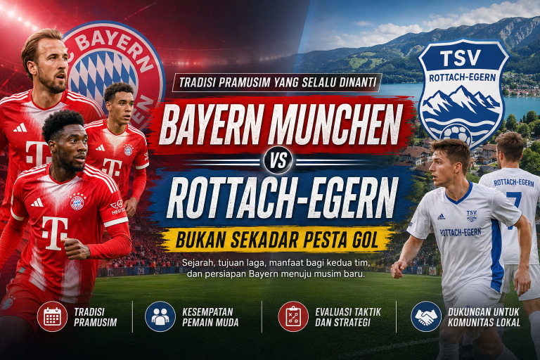 Pemain Bayern Munchen dan Rottach-Egern dalam ilustrasi banner laga pramusim yang menjadi tradisi sebelum musim kompetisi dimulai.