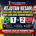 Brasil vs Norwegia di Piala Dunia 2026, Erling Haaland membawa Norwegia menang 2-1 atas Brasil pada babak 16 besar.