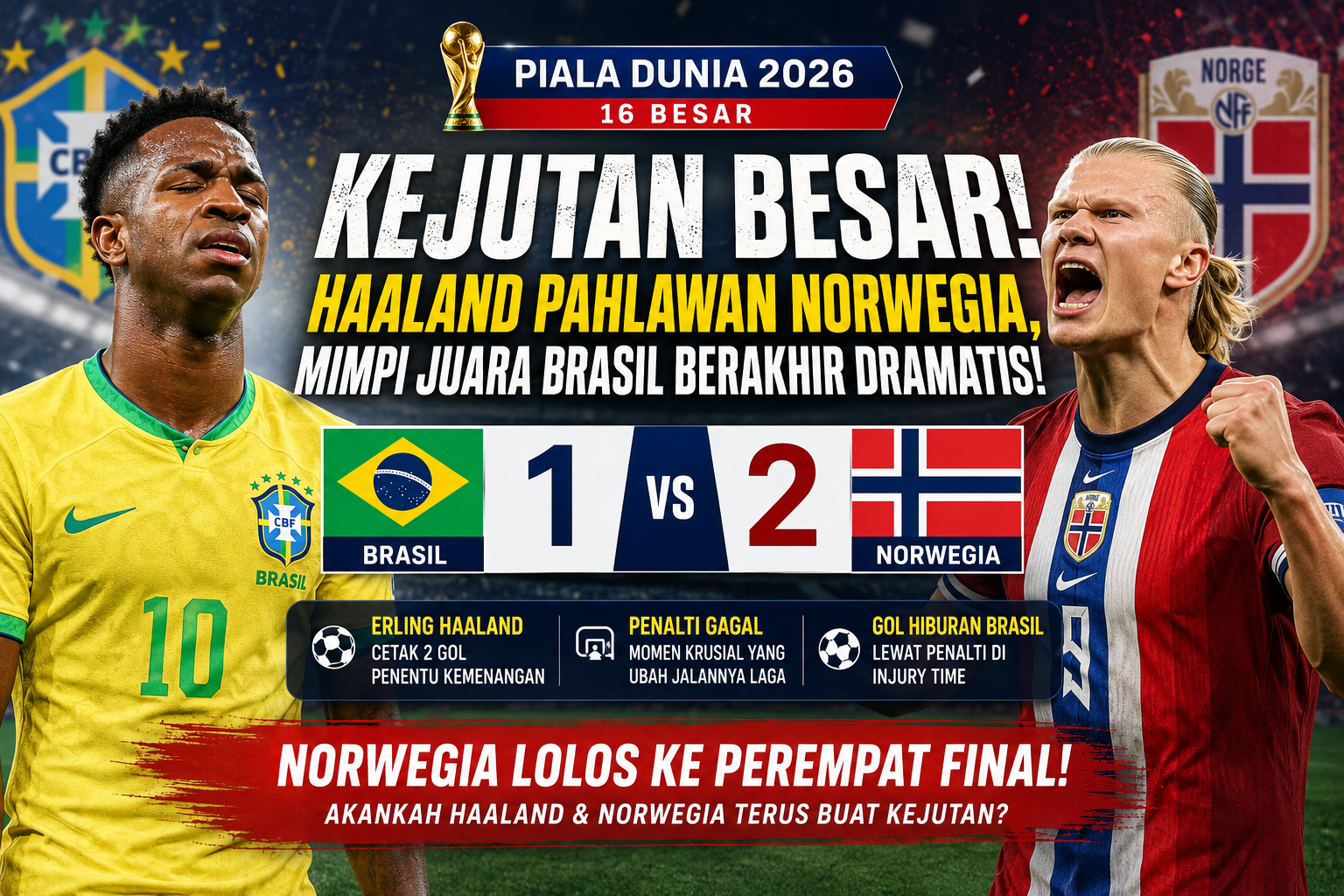 Brasil vs Norwegia di Piala Dunia 2026, Erling Haaland membawa Norwegia menang 2-1 atas Brasil pada babak 16 besar.