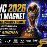 Banner EWC 2026 Esports World Cup menampilkan trofi turnamen esports internasional dengan latar panggung kompetisi dan suasana arena yang meriah.