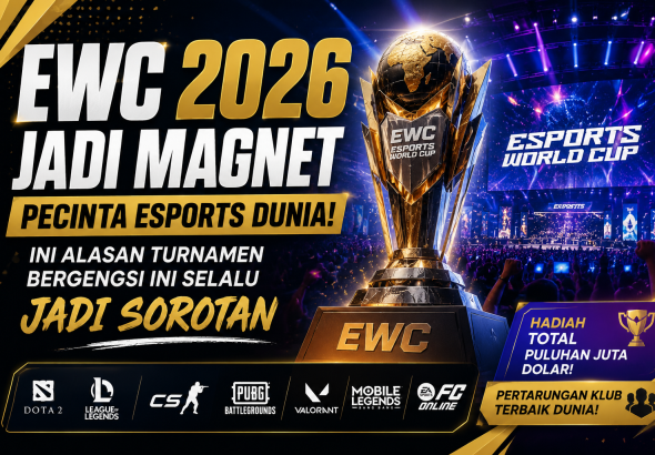 Banner EWC 2026 Esports World Cup menampilkan trofi turnamen esports internasional dengan latar panggung kompetisi dan suasana arena yang meriah.