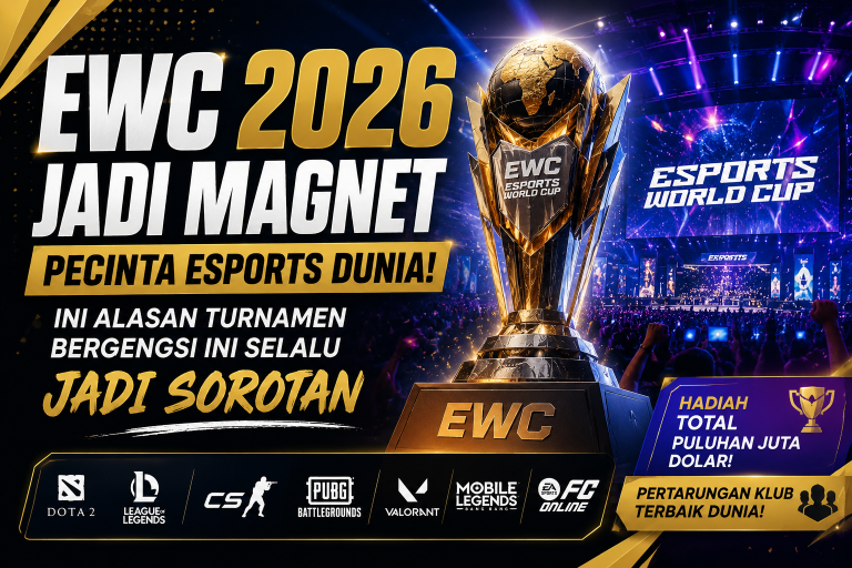 Banner EWC 2026 Esports World Cup menampilkan trofi turnamen esports internasional dengan latar panggung kompetisi dan suasana arena yang meriah.