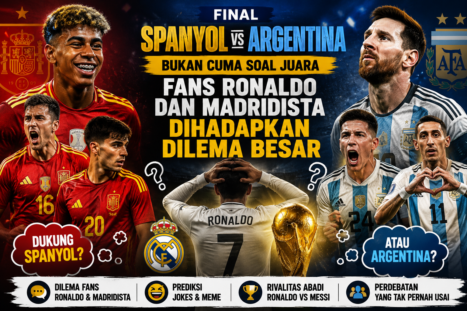 Ilustrasi final Spanyol vs Argentina yang menggambarkan dilema fans Cristiano Ronaldo sekaligus Madridista dalam memilih tim serta potensi ceng-cengan setelah pertandingan.
