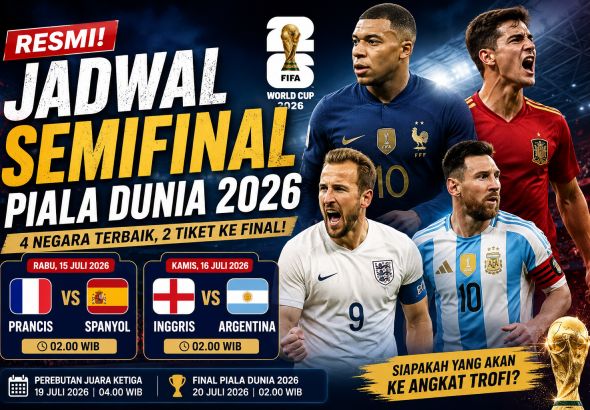 Jadwal semifinal Piala Dunia 2026 menampilkan duel Prancis vs Spanyol dan Inggris vs Argentina menuju babak final.