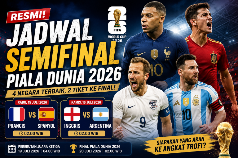 Jadwal semifinal Piala Dunia 2026 menampilkan duel Prancis vs Spanyol dan Inggris vs Argentina menuju babak final.