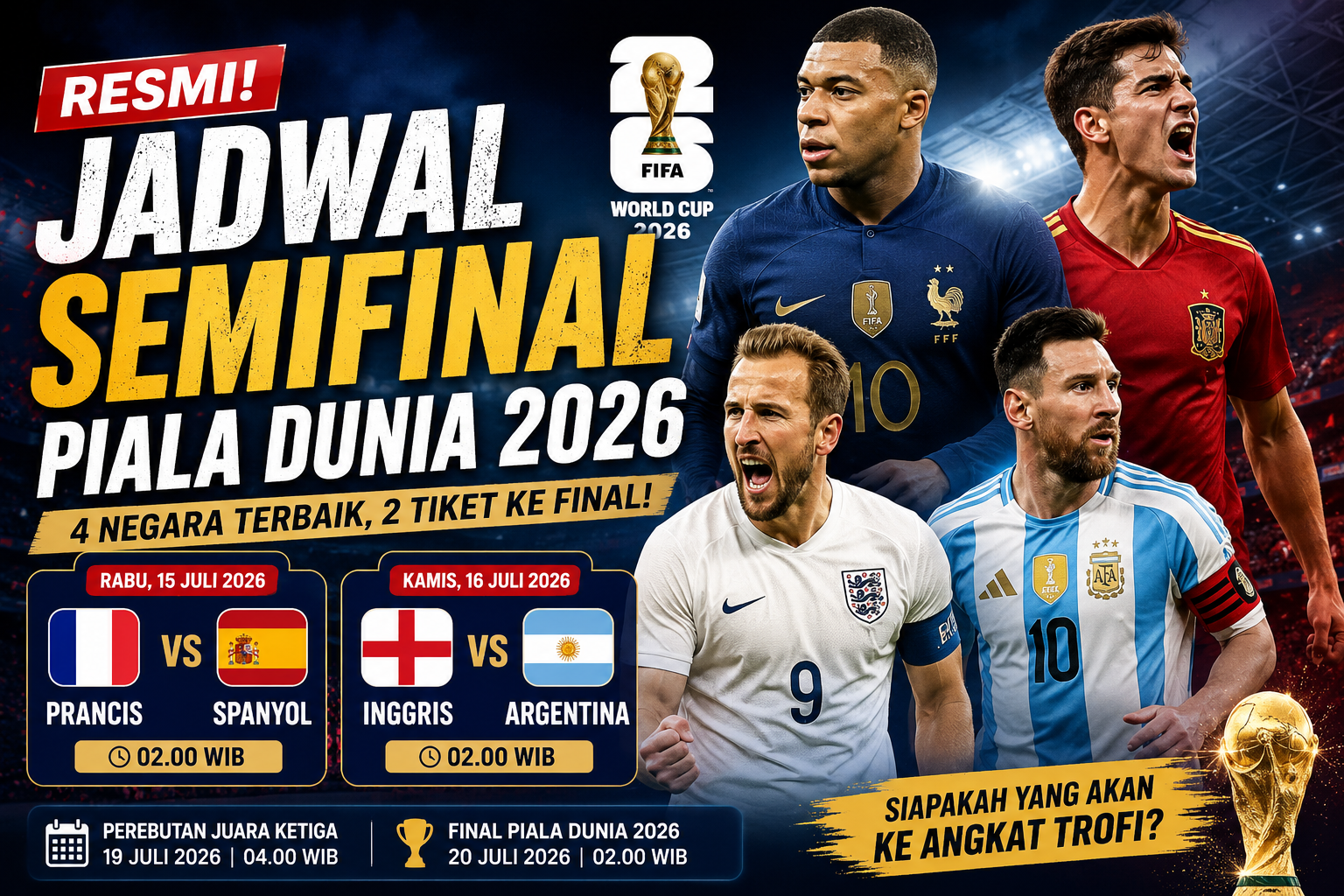 Jadwal semifinal Piala Dunia 2026 menampilkan duel Prancis vs Spanyol dan Inggris vs Argentina menuju babak final.