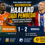 Hasil pertandingan Pantai Gading vs Norwegia pada babak 32 besar Piala Dunia FIFA 2026 yang berakhir dengan kemenangan Norwegia 2-1 berkat gol penentu Erling Haaland.