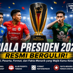 Banner Piala Presiden 2026 menampilkan trofi, pemain sepak bola, serta informasi jadwal, peserta, format pertandingan, dan fakta menarik turnamen pramusim Indonesia.