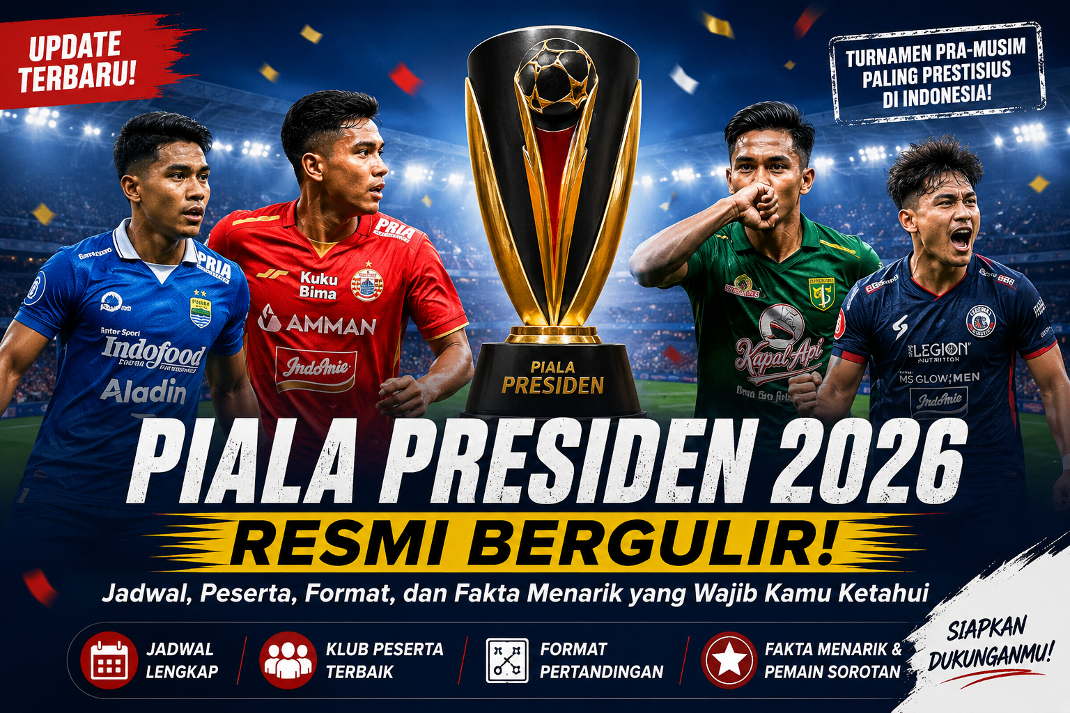 Banner Piala Presiden 2026 menampilkan trofi, pemain sepak bola, serta informasi jadwal, peserta, format pertandingan, dan fakta menarik turnamen pramusim Indonesia.