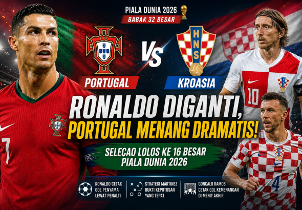 Portugal vs Kroasia di Piala Dunia 2026 menampilkan Cristiano Ronaldo sebelum diganti Roberto Martinez saat Portugal menang dramatis 2-1 atas Kroasia.
