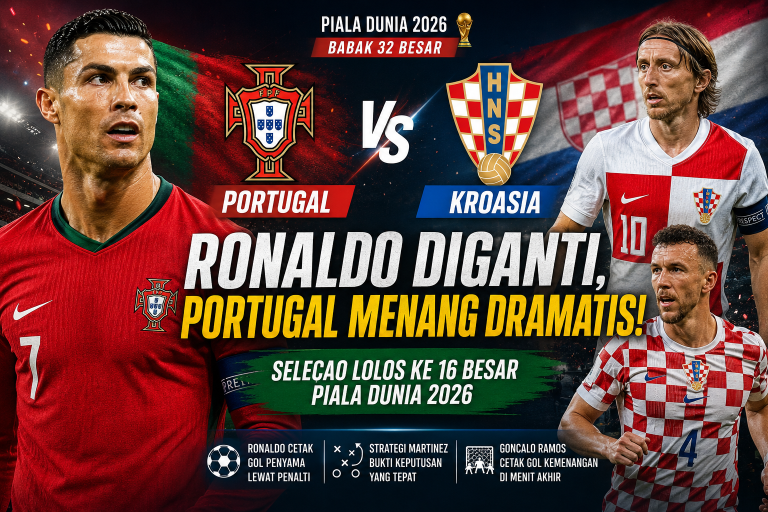 Portugal vs Kroasia di Piala Dunia 2026 menampilkan Cristiano Ronaldo sebelum diganti Roberto Martinez saat Portugal menang dramatis 2-1 atas Kroasia.